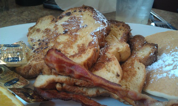 Three slices of challah French toast