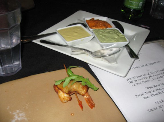 Potato chip fried shrimp (that is, a shrimp wrapped in a potato chip and deep fried), served with roasted pepper pesto, jalapeno aioli (I think), and Hollandaise sauce [Another thing Chef Ortega excels with]