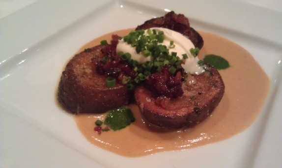 "Potato Skins": Crispy Fried Potato, Lobster Mournay, Chive Creme Fraiche, Candied Bacon