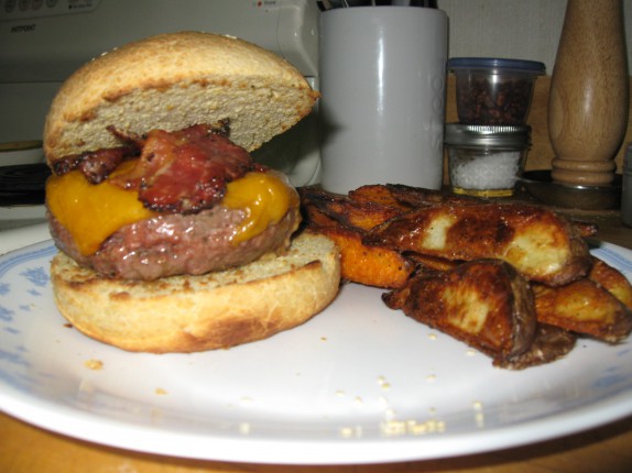 Burger and sweet potato and potato fries