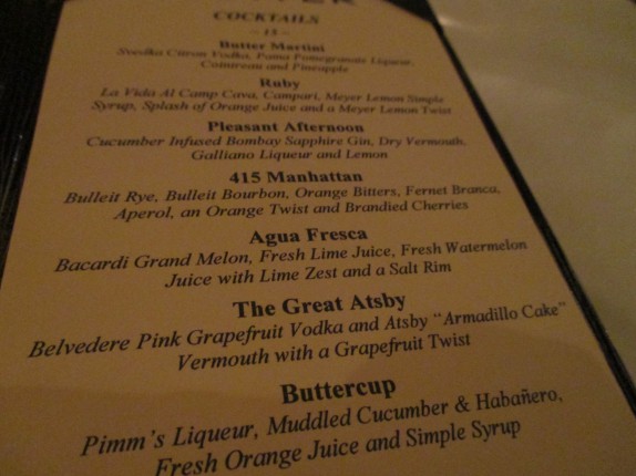 Cocktail list at Butter