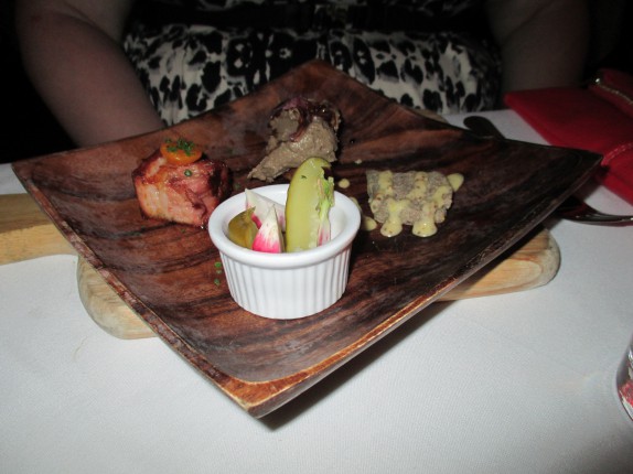 Mixed Charcuterie Platter (chicken liver mousse on toast, veal bacon and house made pâté with homemade pickles)