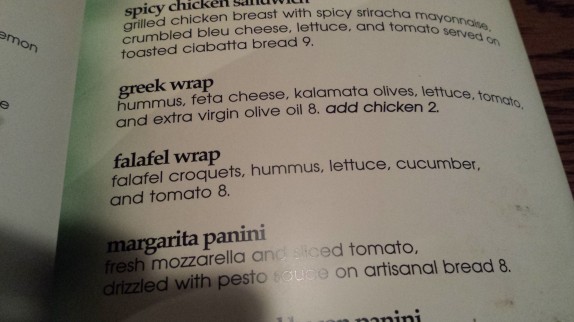 Falafel wrap menu