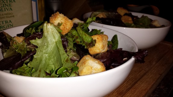 salad with spring mix, Texas toast croutons, and raspberry balsamic vinaigrette