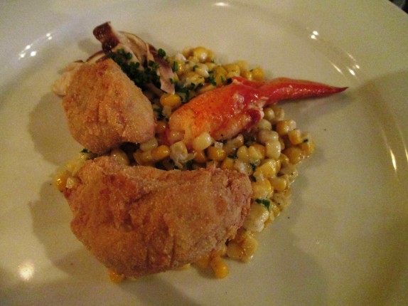 CRISPY VEAL SWEETBREADS creamed corn, butter poached lobster claw,  pickled mushrooms, popcorn shoots 14